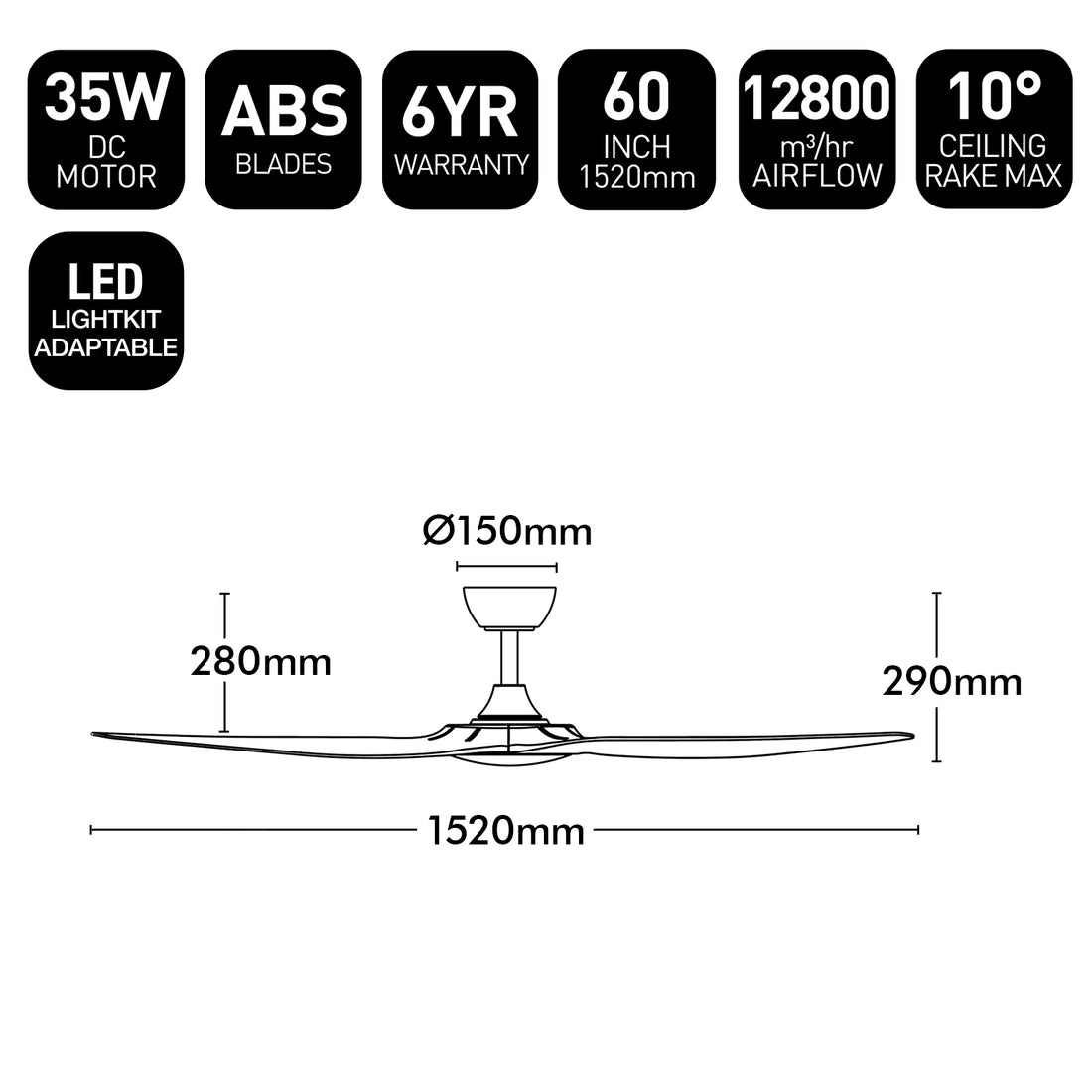 Brilliant 60" Black Fantastic 3-Blade DC Ceiling Fan