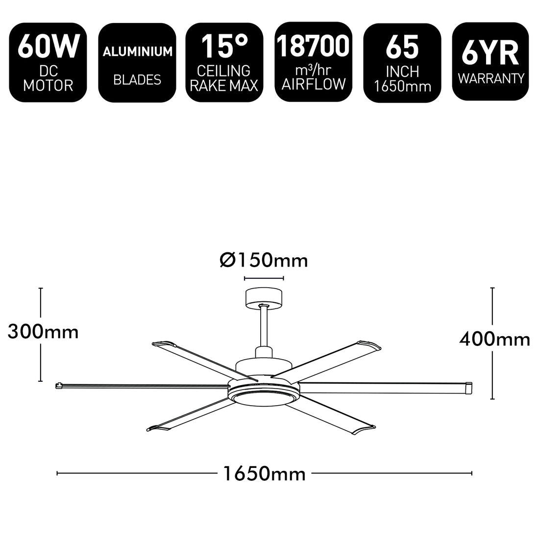 Brilliant 65" White Colossus II 6-Blade DC Ceiling Fan