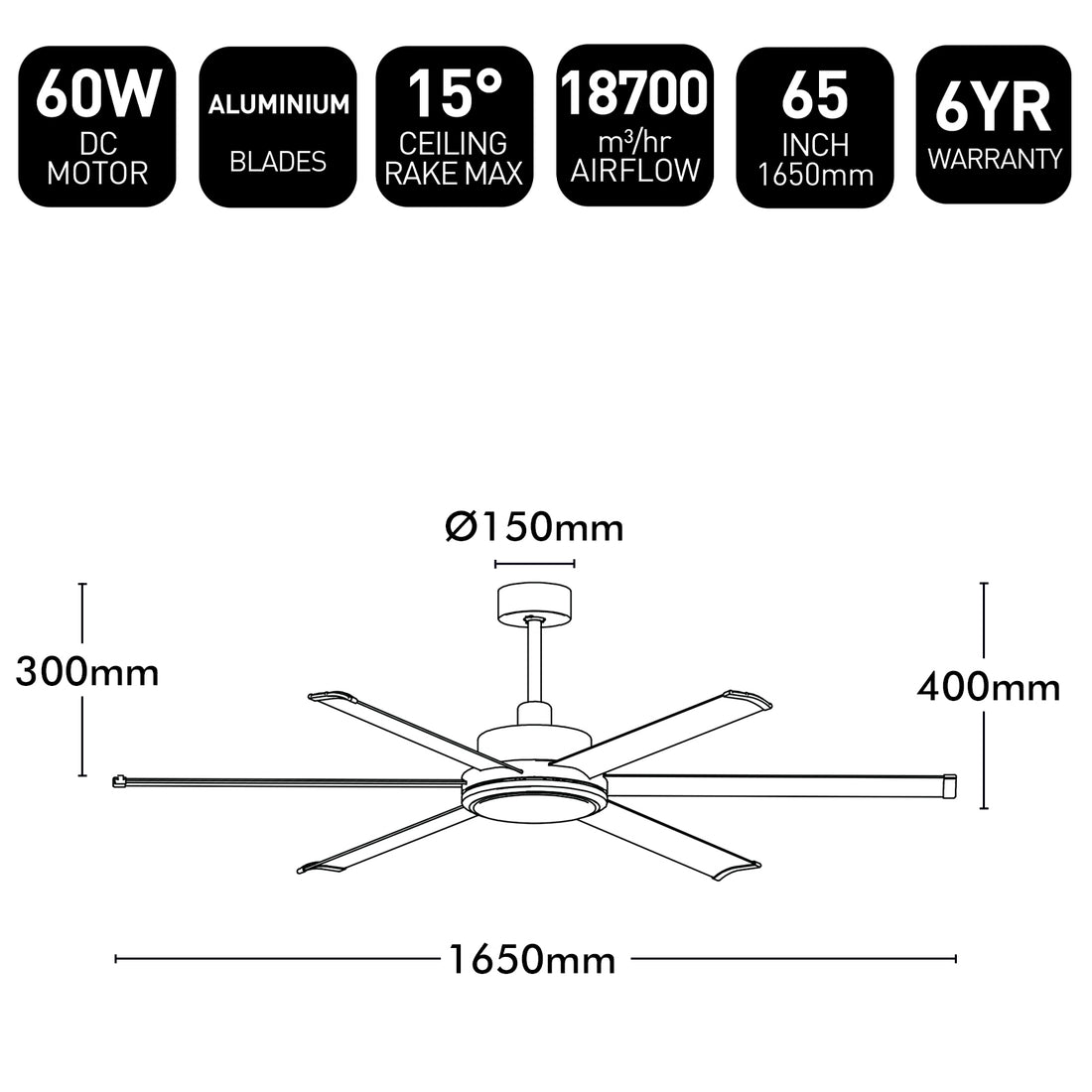 Brilliant 65" Black Colossus II 6-Blade DC Ceiling Fan