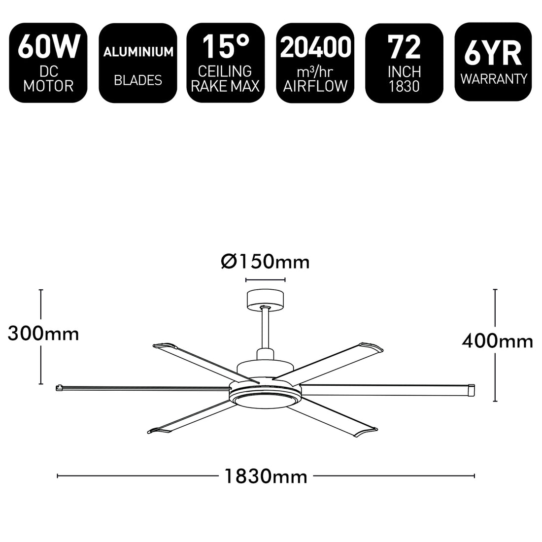 Brilliant 72" White Colossus II 6-Blade DC Ceiling Fan