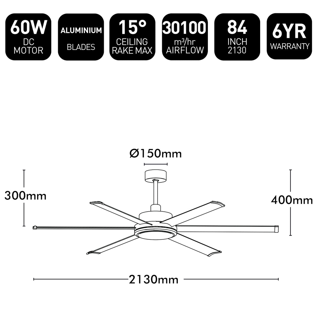 Brilliant 84" White Colossus II 6-Blade DC Ceiling Fan